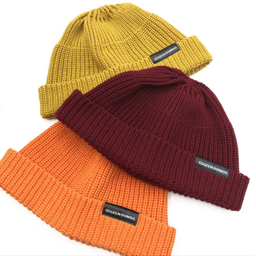 Knitted Hat Cotton Rib Knit Beanie Hats Cap Unisex Warm Soft Watch Cap Plain Cuff Slouchy Cap for Winter Orange