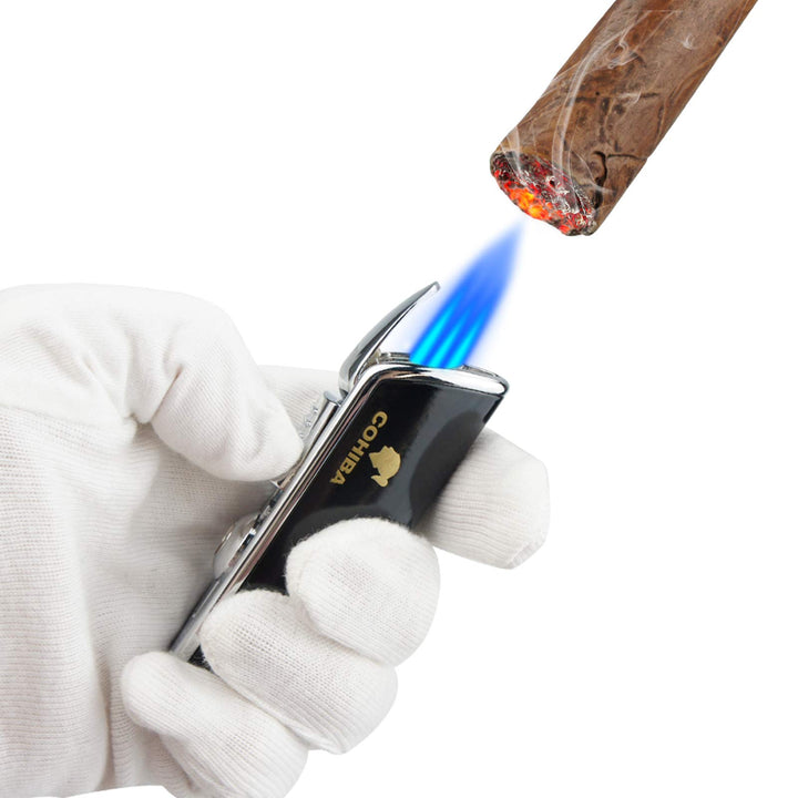 Cigar Torch Lighters Triple Jet Butane Refillable Lighter with Punch Windproof Without Gas(Black)