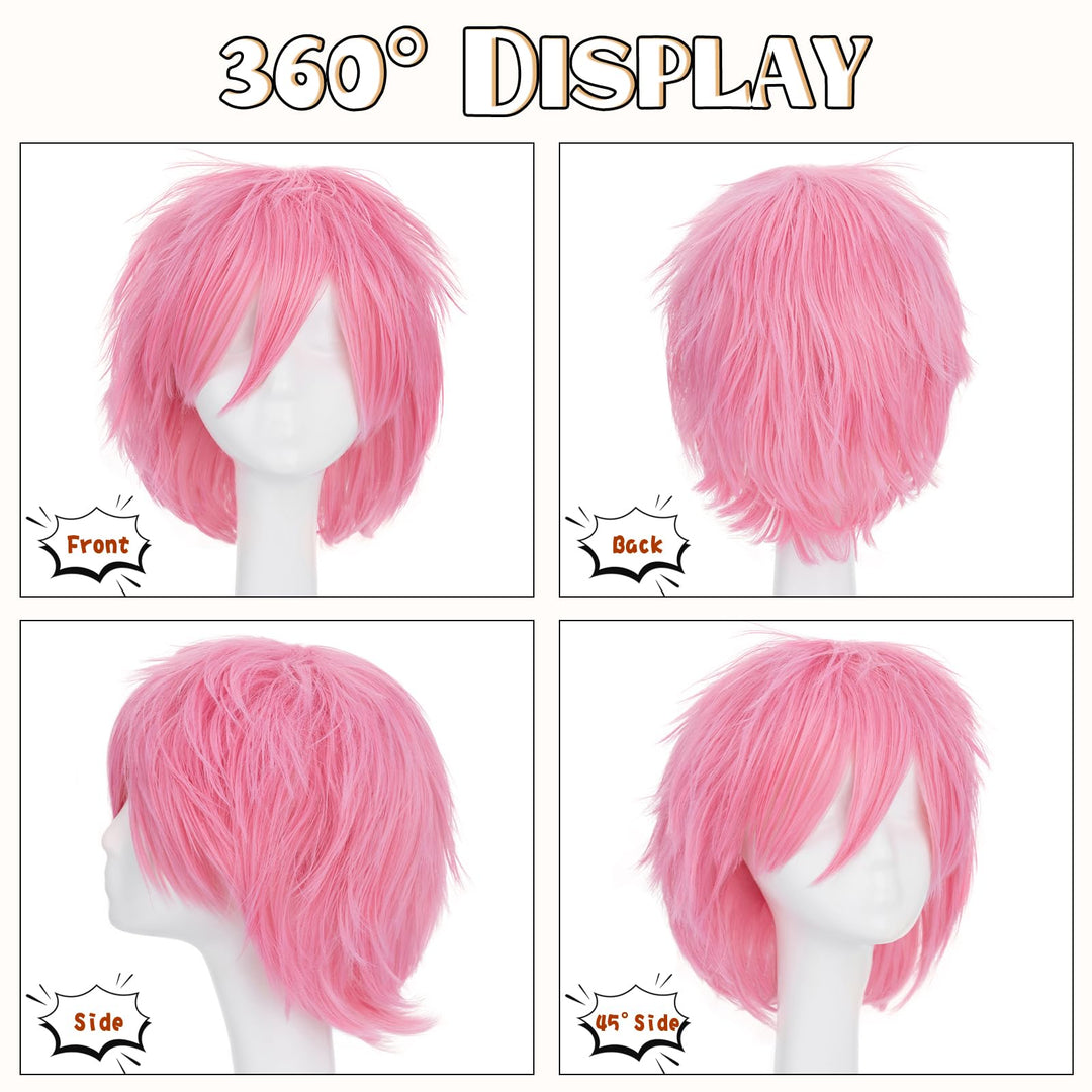 S-noilite Women Mens Male Short Dark Pink Wig Anime Cosplay Party Cool Shaggy Spiky Straight Unisex Costume Heat Resistant Syntehtic Hair Wigs