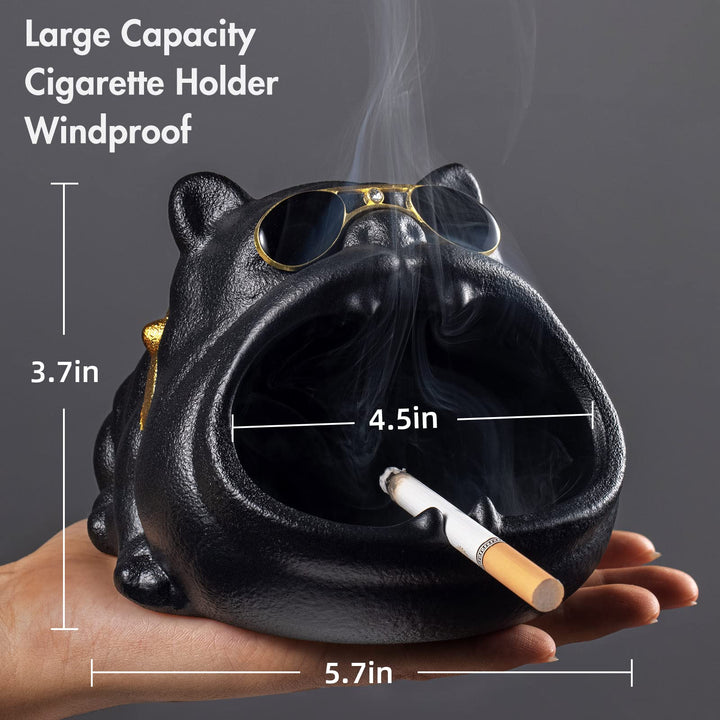 Outdoor Ashtray for Cigarette, Cool Ash Tray Sets for weed, Decorative Fancy Ashtrays of Black Bully Dog Design, Ceramic Desktop Ash Holder for Patio Home Office, Great Gift for Men Women