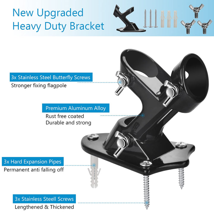 Flag Pole Holder Mounting Bracket, 2 Position House Flag Pole Bracket, Heavy Duty Aluminum Mount - Stainless Steel Kit - Strong and Rust Proof - 1 Inner Diameter (Shiny Black-1Pack)