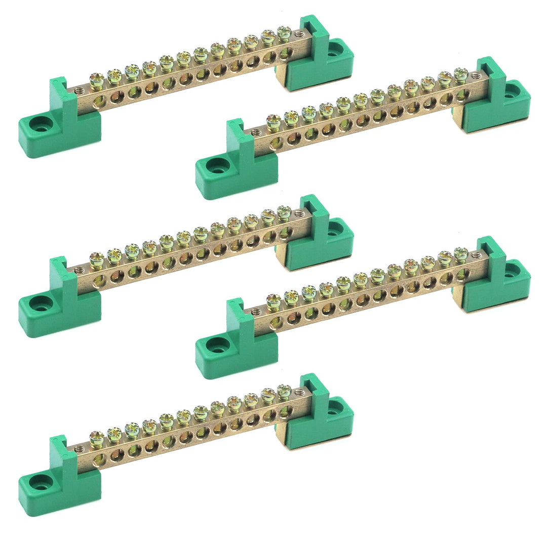 Terminal Bus Bar 12 Positions Screw Brass Terminal Grounding Strip Bus Bar Block Green Terminal Block Pack of 5