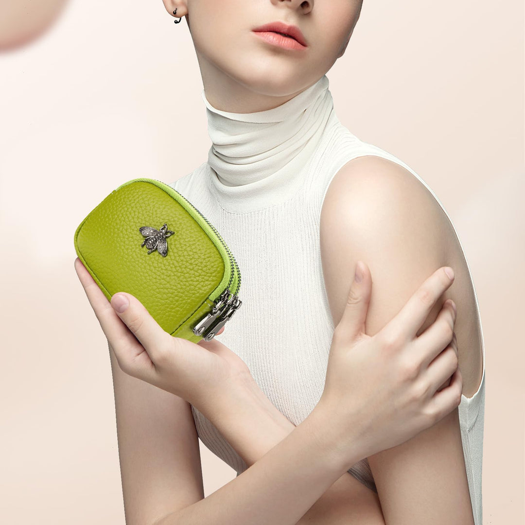 Women Leather Coin Purse, Small 2 Zippered Change Pouch Wallet(Yellow Green)