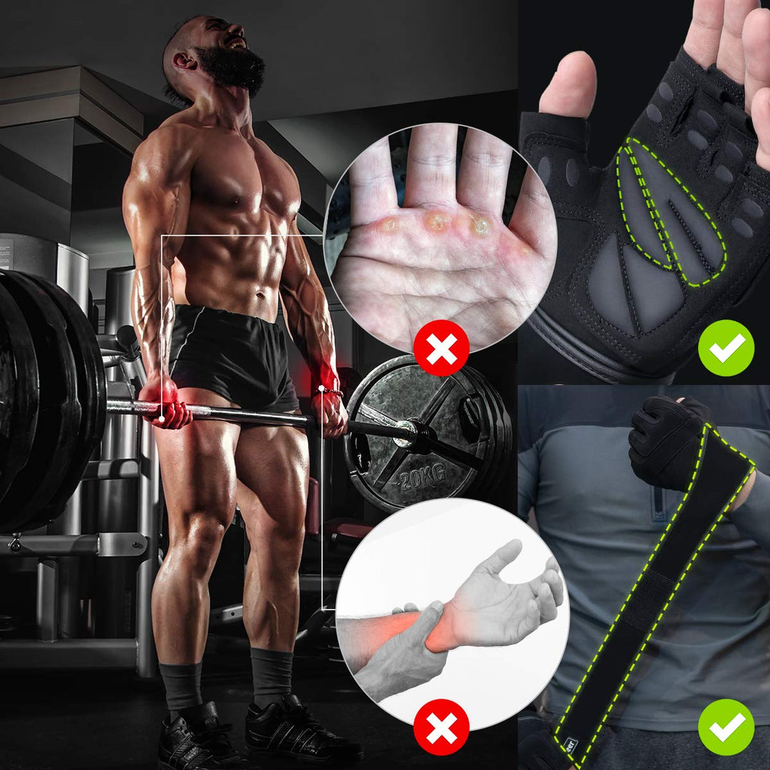 Padded Workout Gloves for Men - Gym Weight Lifting Gloves with Wrist Wrap Support, Full Palm Protection &amp; Extra Grips for Weightlifting, Exercise, Cross Training, Fitness, Pull-up