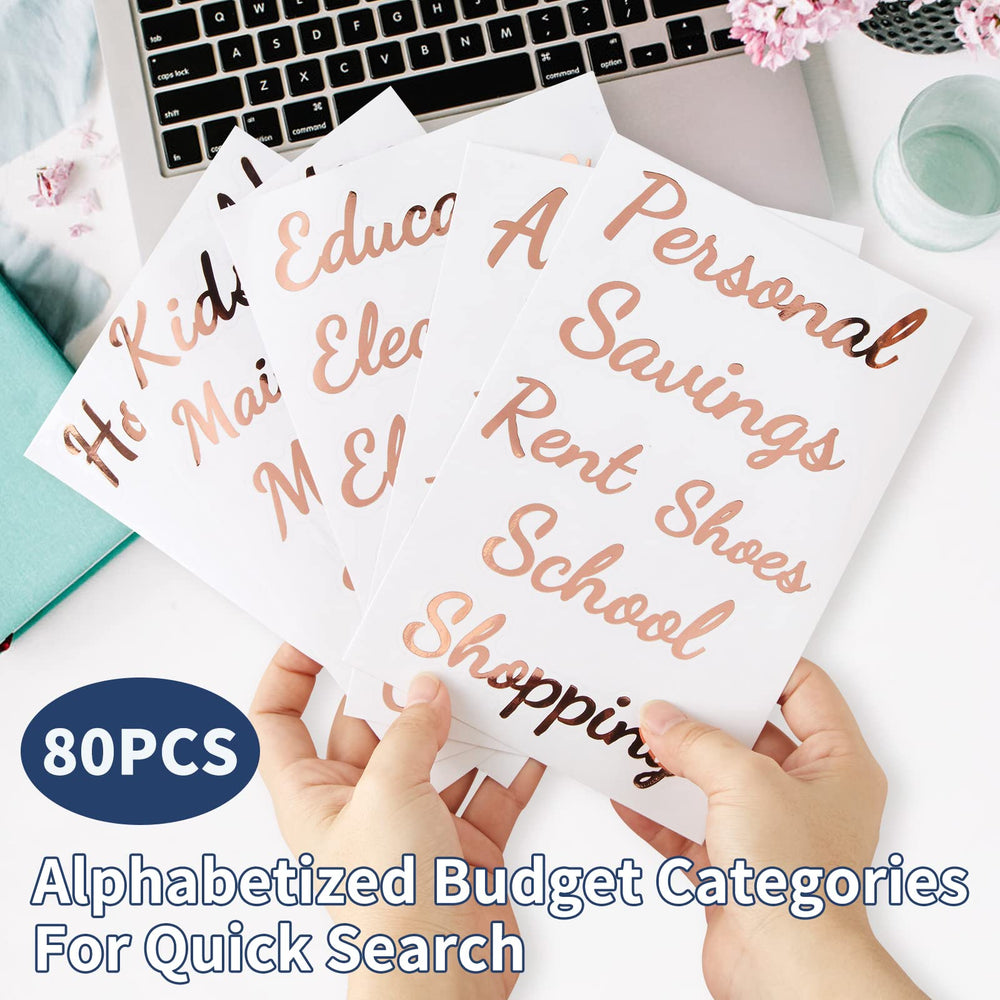 80 Cash-Envelope Budget Category Stickers - Rose Gold Vinyl Decals, Budget Binder Labels for Finance Planner & A6 Cash Binder, Budgeting Category Letter Stickers for Budget Wallet, Money Organizer