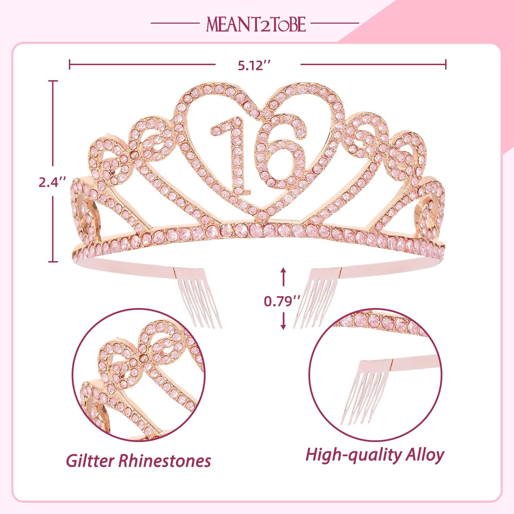 16th Birthday Tiara and Sash Pink, 16th Birthday Gifts for Girl, Happy 16th Birthday Party Supplies,16 & Fabulous Glitter Satin Sash and Crystal Tiara Birthday Crown for 16th Birthday Party Supplies