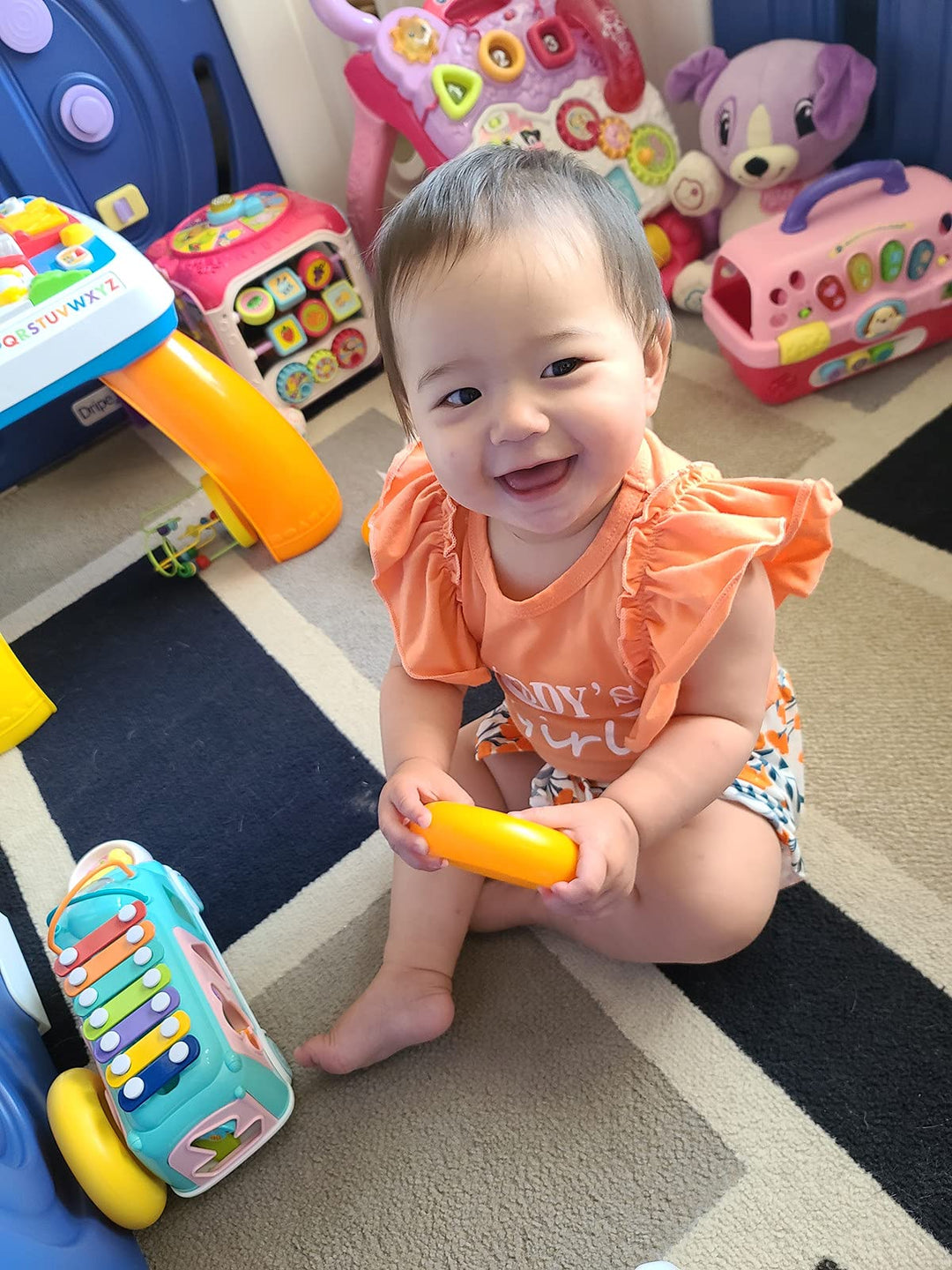 Girl&#39;s Funny Letter Top Floral Pants With Headband Newborn Summer 3Pcs Sets Romper Outfit, Light Orange, 0-3M