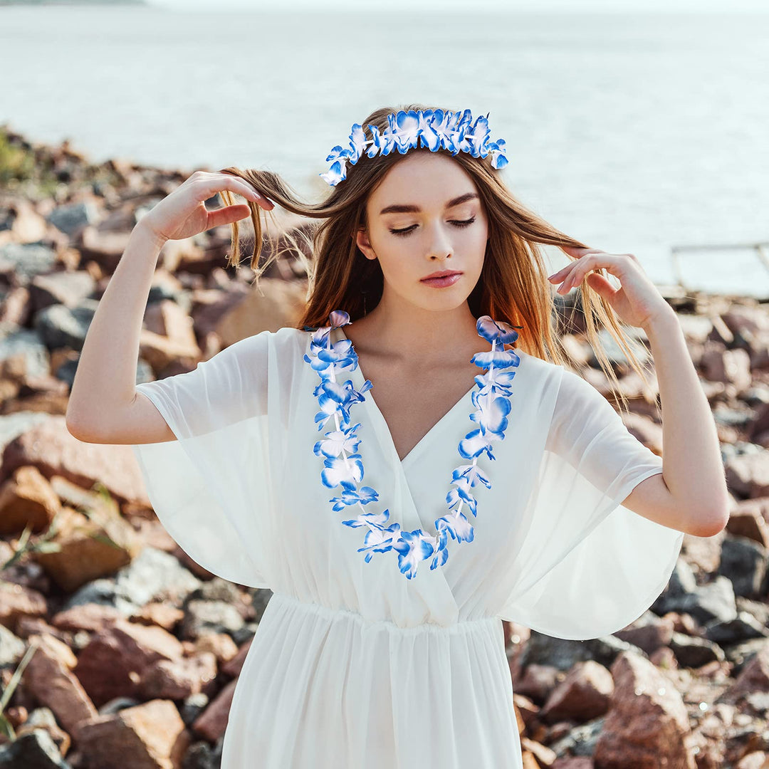 56 Counts Hawaiian Leis, Luau Party Supplies of Elastic Flowers Necklaces, Headbands and Wristbands - Tropical Hawaiian Decorations, Beach Party Decorations, Birthday Party Favors