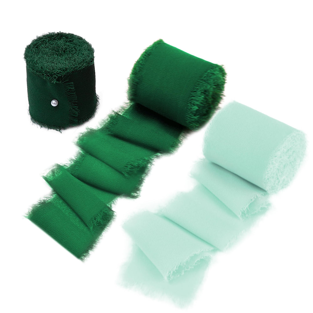 Doris Home Handmade Fringe Fabric Chiffon Silk-Like Ribbon 2 x 7Yd Set of 3 Rolls Ribbons for Wedding Invitations, Bouquets, Gift Wrapping (Dark Green/Forest Green/Mint Green)