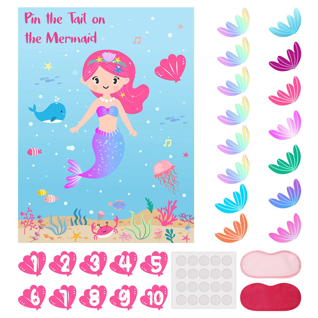 Pin The Tail on The Mermaid Fun Party Game for Kids with 12 Reusable Tails+10 Number Stickers+2 Blindfolds for Kids Birthday Decorations Mermaid Party Supplies