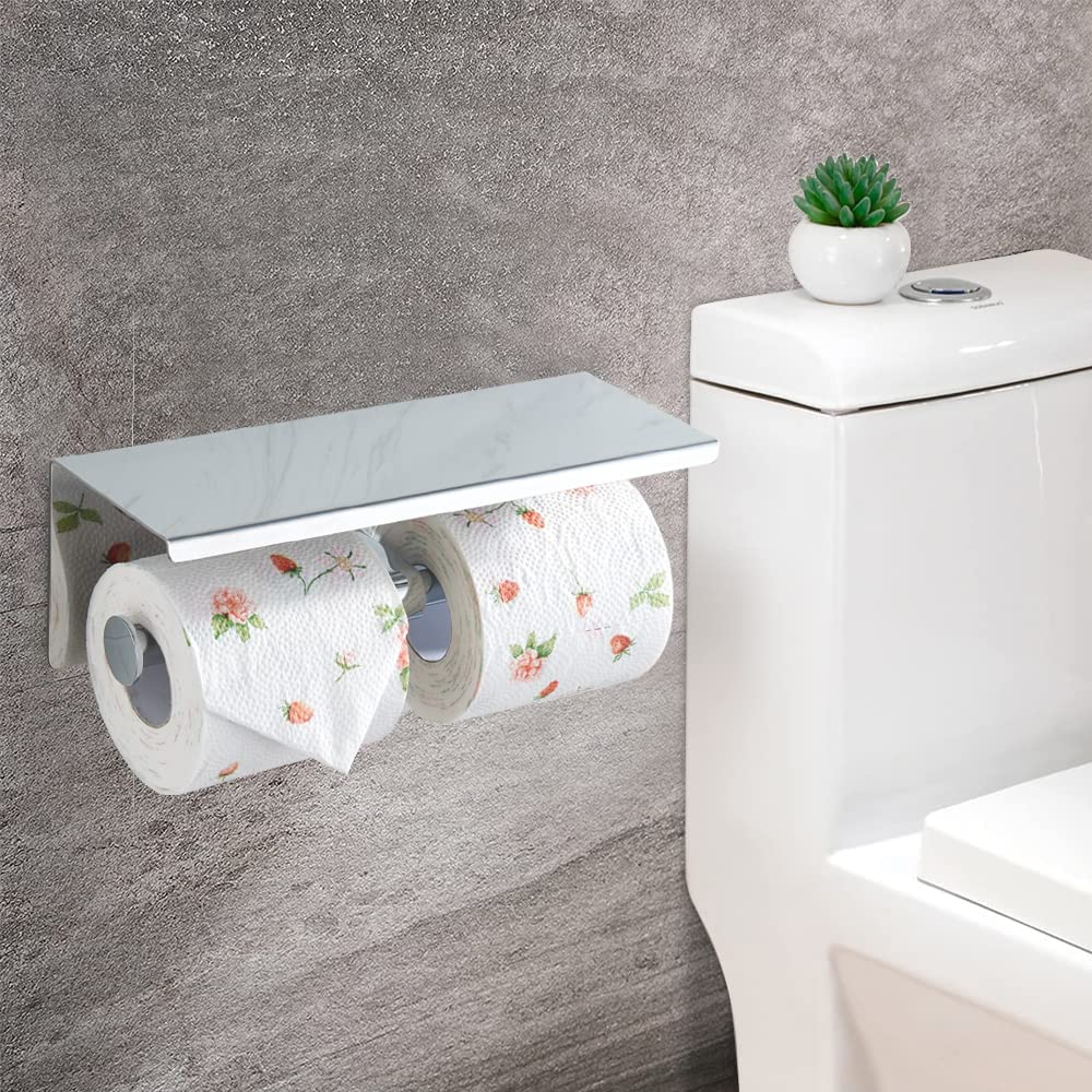 Double Toilet Paper Holder with Phone Shelf, 304 Stainless Steel Modern Bathroom Roll Tissue Holder Wall Mounted, Gold