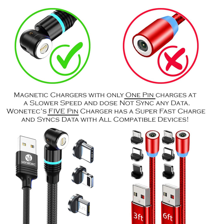 Magnetic 3-in-1 Data/Charging Cable (4-Pack), 540 Degree Rotation with Storage Compartment. Compatible with Type-C, iProducts, Micro-USB, 4 Pack (Red, Purple, Black &amp; Green (All 6 Feet).