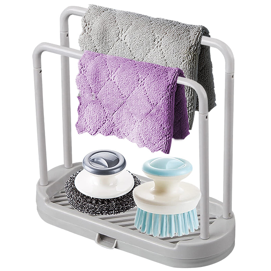 Kitchen Sponge Holder Dishcloth Hanger, Kitchen Sink Rack Tray Organizer Stand for Sponge, Dish Cloth, Rag, Brush, Scrubber Storage and Organization (Grey)