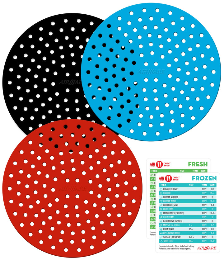 Aeromats The Original Reusable Silicone Air Fryer Liners | 3 Pack Plus Magnetic Cheat Sheet | USA Designed | Air Fryer Accessories For COSORI, POWER XL, CHEFMAN, DASH, AND MORE (7.5 Square)