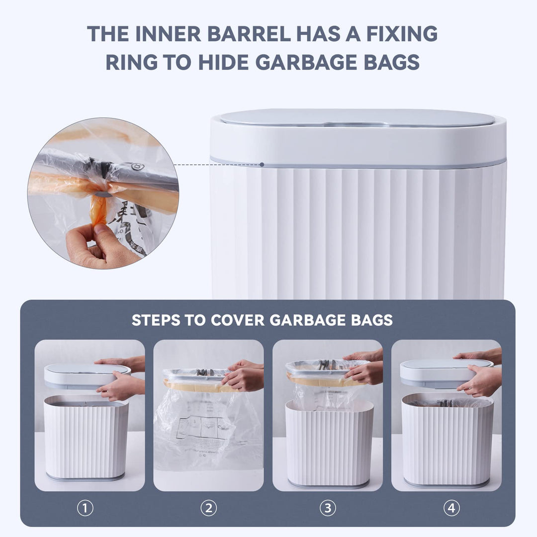 Bathroom Trash Can - 9.5 litres Waterproof Sensor Trash Can, 2.5 Gallon Motion Sensor Trash Can, Slim Garbage Bin for Narrow Kitchen and Office Use, White with Grey Trim