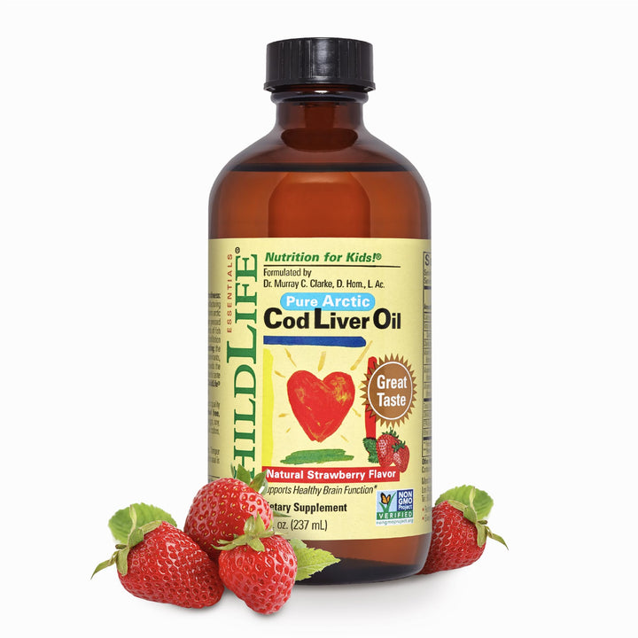 CHILDLIFE Essentials Cod Liver Oil for Kids - Liquid, Arctic Cod Liver Oil for Babies 6+ Months, Toddlers, &amp; Children, Added DHA, EPA, Omega-3 Fatty Acids - Strawberry, 8 fl oz