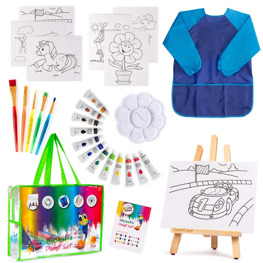 Paint Set for Kids - 27 Piece Art Kit for Girls & Boys Ages 4-10 - Non-Toxic Washable Painting Supplies with Canvases, Brushes Easel Smock & More - Fun & Creative Gift Idea for Children
