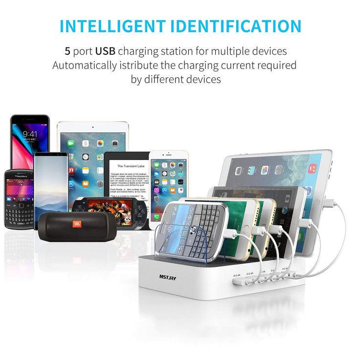 Charging Station for Multiple Devices, 5 Port Multi USB-A Charger Station with Power Switch Designed for iPhone iPad Cell Phone Tablets (White, 6 Mixed Short Cables Included)