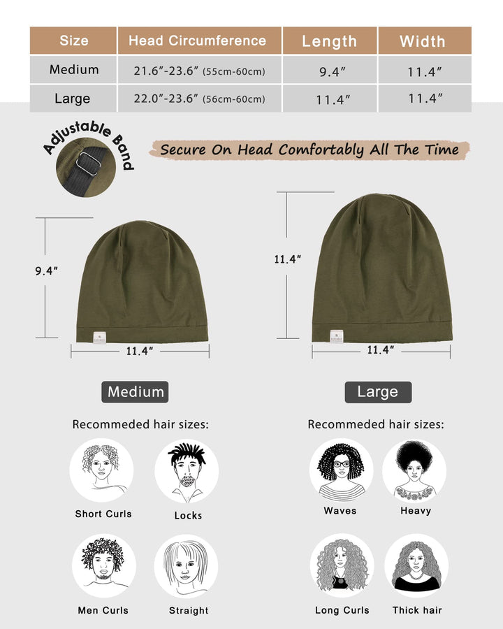 Silk Satin Bonnet Hair Cover Sleep Cap - Olive Green Adjustable Stay on Silk Lined Slouchy Beanie Hat for Night Sleeping