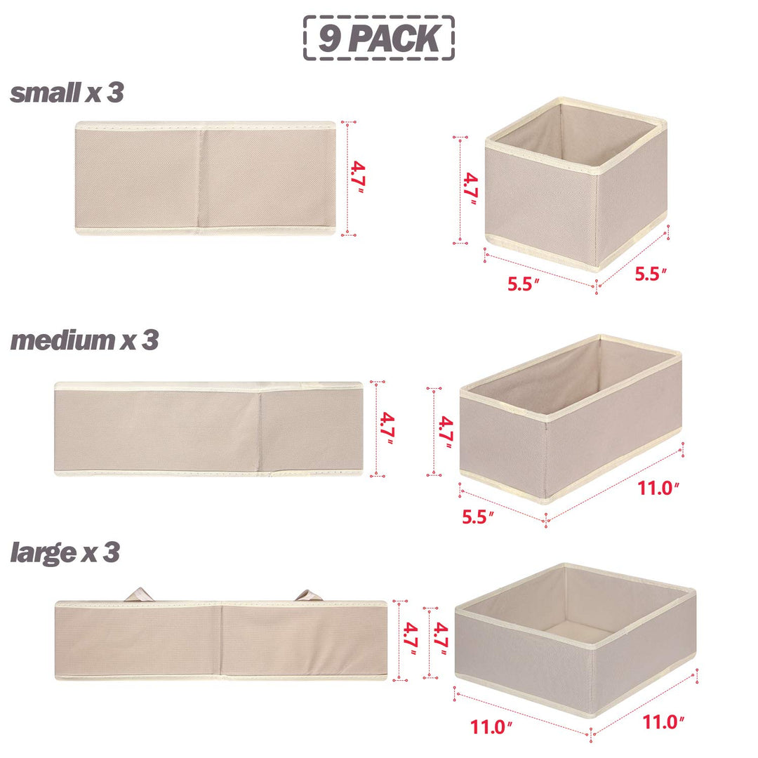 9 Pack Foldable Cloth Storage Box Closet Dresser Drawer Organizer Fabric Baskets Bins Containers Divider for Baby Clothes Underwear Bras Socks Lingerie Clothing,Beige 333