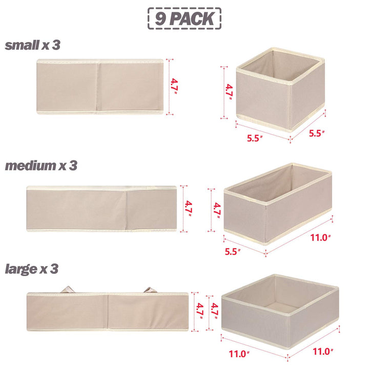 9 Pack Foldable Cloth Storage Box Closet Dresser Drawer Organizer Fabric Baskets Bins Containers Divider for Baby Clothes Underwear Bras Socks Lingerie Clothing,Beige 333