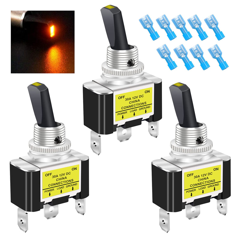 /3Pcs Rocker Lighted Toggle Switch 30A 12V DC SPST ON/Off 3Pin Car Automotive Boat with Yellow LED Illuminated Light