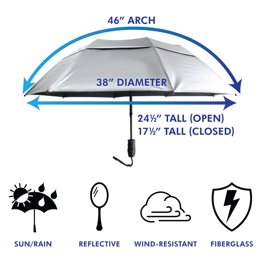 46 UV Protection Silver Coated Vented Canopy Umbrella with Auto Open Telescopic Fiberglass Shaft. Folding Portable Sun Tech