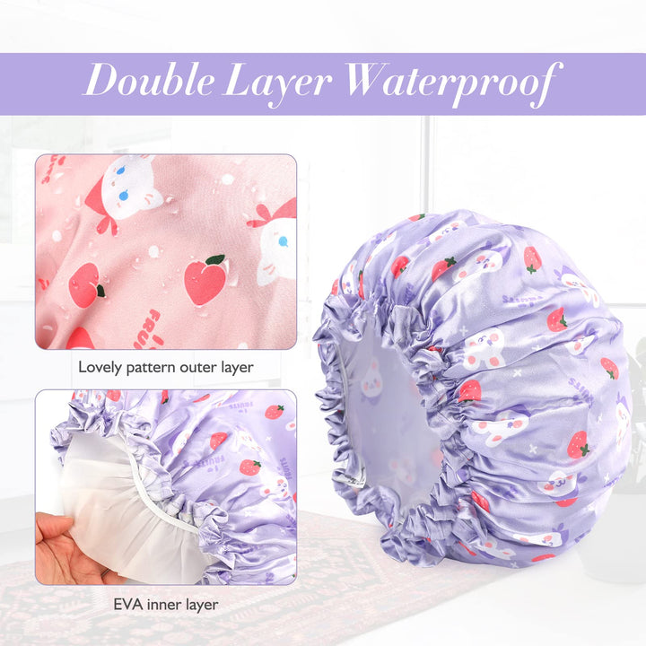 2PCS Cute Kids Shower Cap, Funny Cartoon Bath Hat, Boys or Girls Waterproof Shower Bath Caps (Pink + Purple)