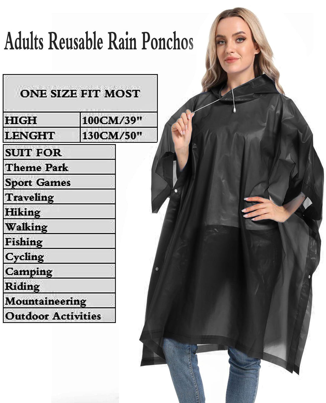 Unisex Reusable Rain Ponchos 2 Packs for Adults Waterproof - Emergency Rain Coat for Theme Park, Hiking, Camping or Traveling,Black