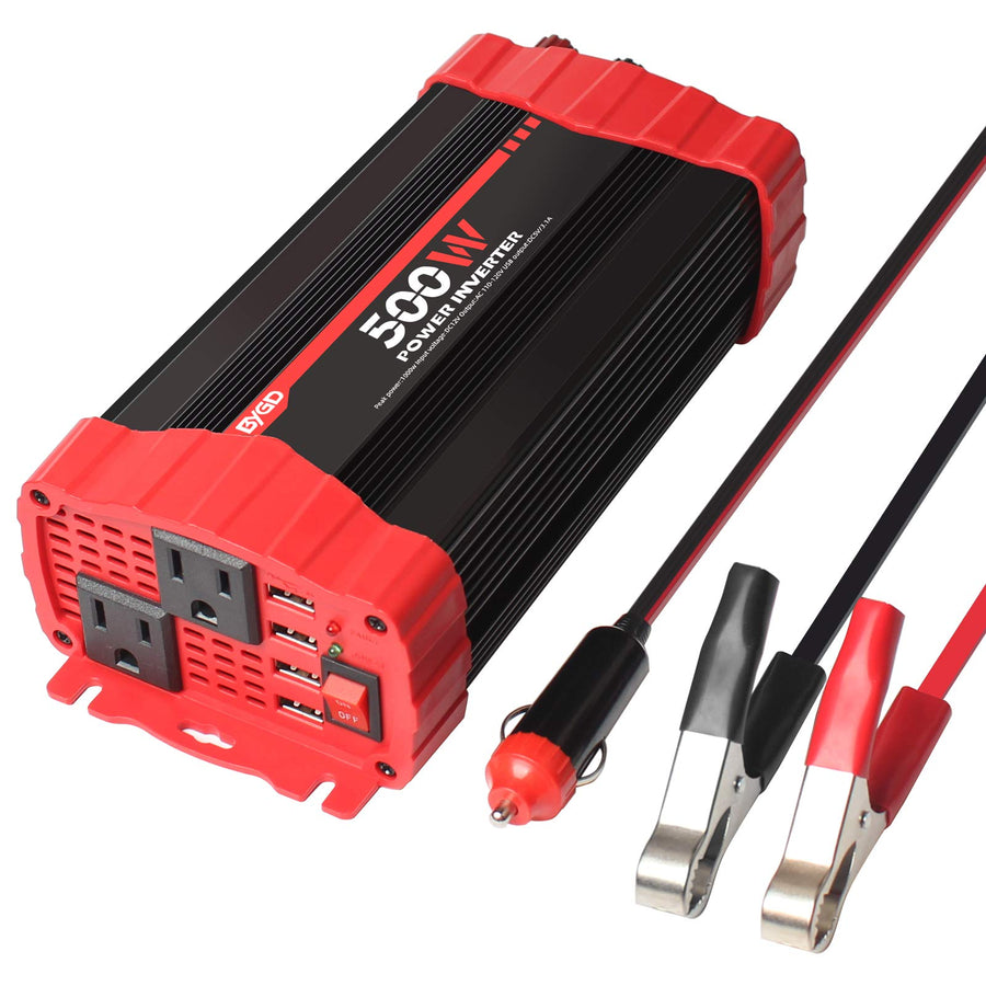 500W Power Inverter, Car Power Inverter DC 12V to 110V AC Car Inverter Converter 4 USB Quick Charging Ports and Dual AC Outlets Car Charger Adpater with Cigarette Lighter Cable and Battery Clamps