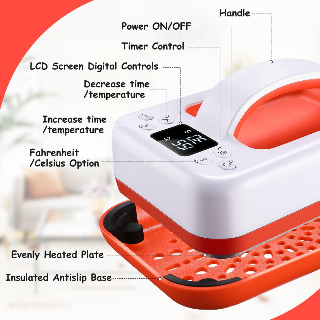 Mini Heat Press Machine - 7 × 5 Portable Heat Press Rapid Even Heat T-Shirts HTV Vinyl Masks Hats Sublimation Heat Transfer Iron with Precise Temperature Control Insulated Base (Orange)