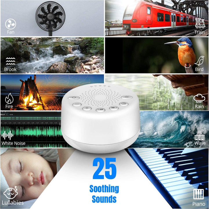Sound Machine White Noise Machine with 25 Soothing Sounds and Night Lights with Memory Function 32 Levels of Volume and 5 Sleep Timer Powered by AC or USB for Sleeping Relaxation (White)