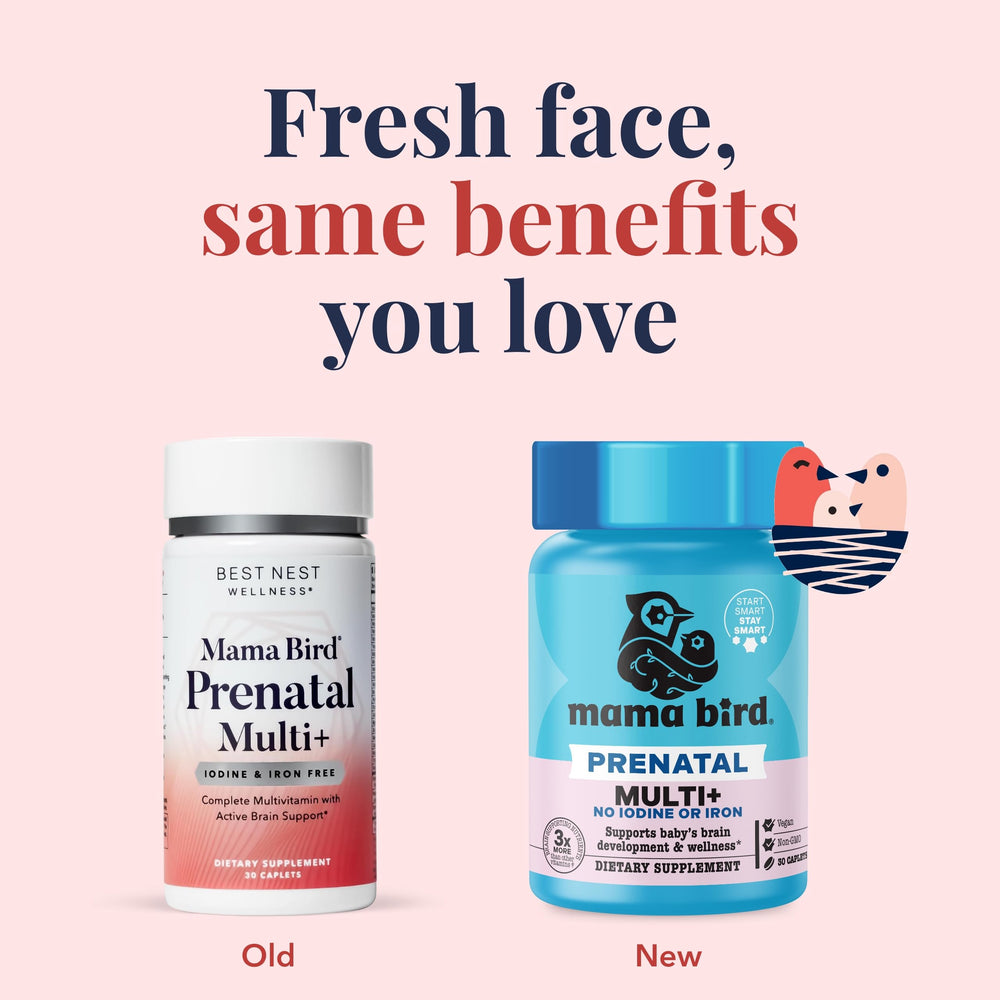 Mama Bird Prenatal Multi Plus Iodine & Iron Free - Prenatal Vitamin for Brain & Digestive Health - Vegan Multivitamin with Methylfolate, Probiotics & More - 30 Caplets