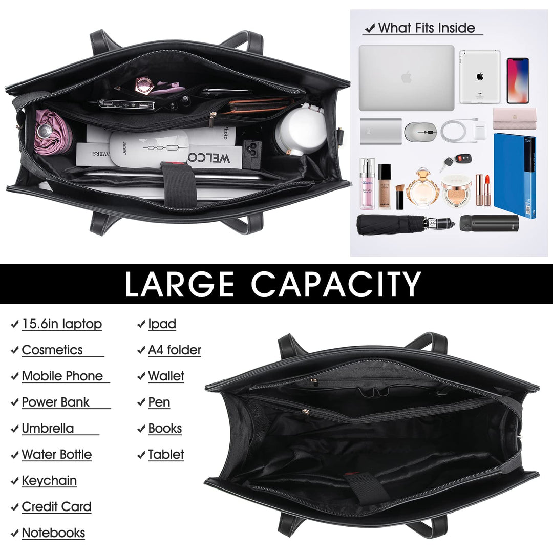 Laptop Bag for Women 15.6 Inch Laptop Tote Bags Waterproof Computer Bag Teacher Work Briefcase Large Capacity Leather Handbag Office Business Shoulder Bag 2PCS Plain Pattern