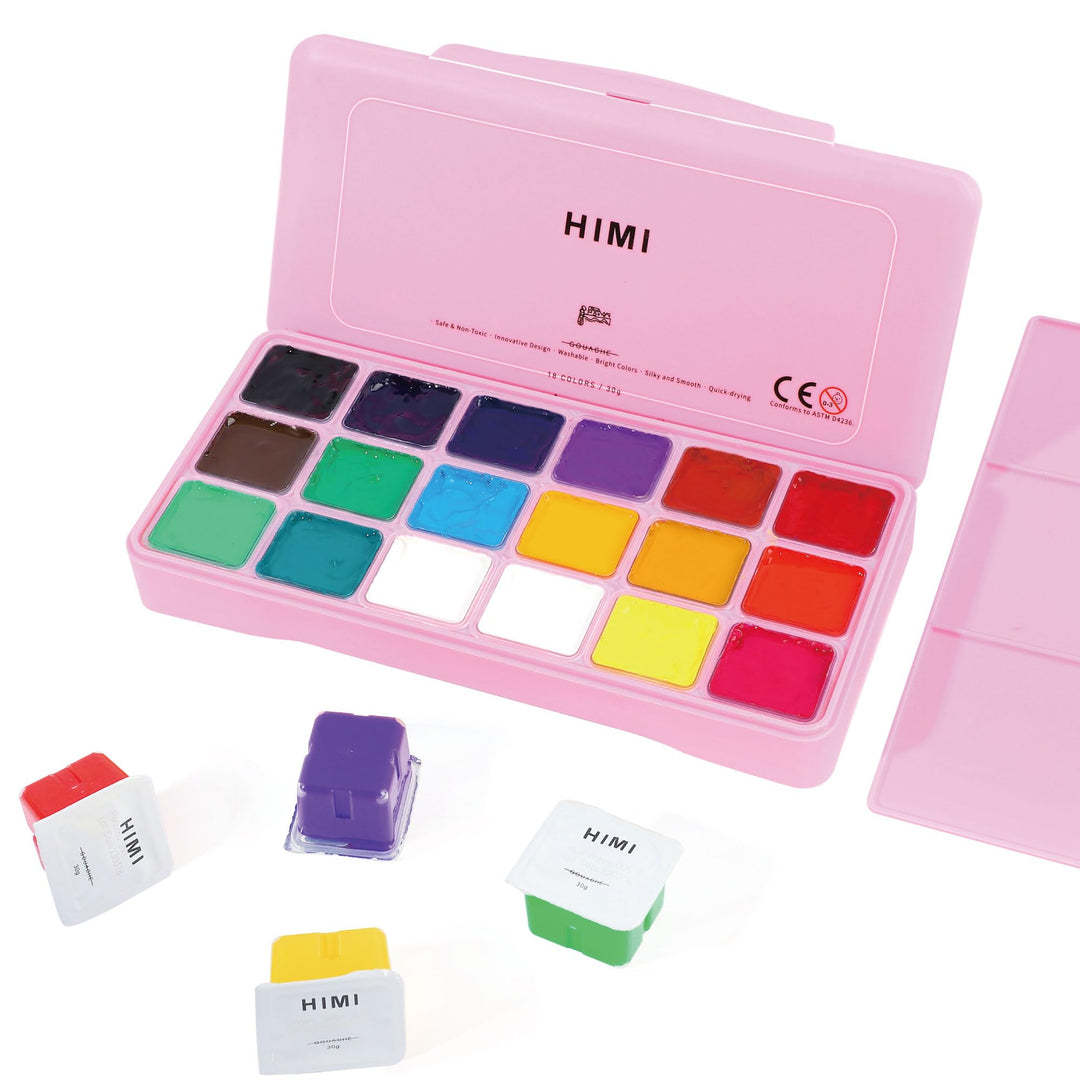 HIMI Gouache Paint Set Jelly Cup 18 Vibrant Colors Non Toxic Paints with Portable Case Palette for Artist Canvas Painting Watercolor Papers, Rich Pigment, 30ml/Cup