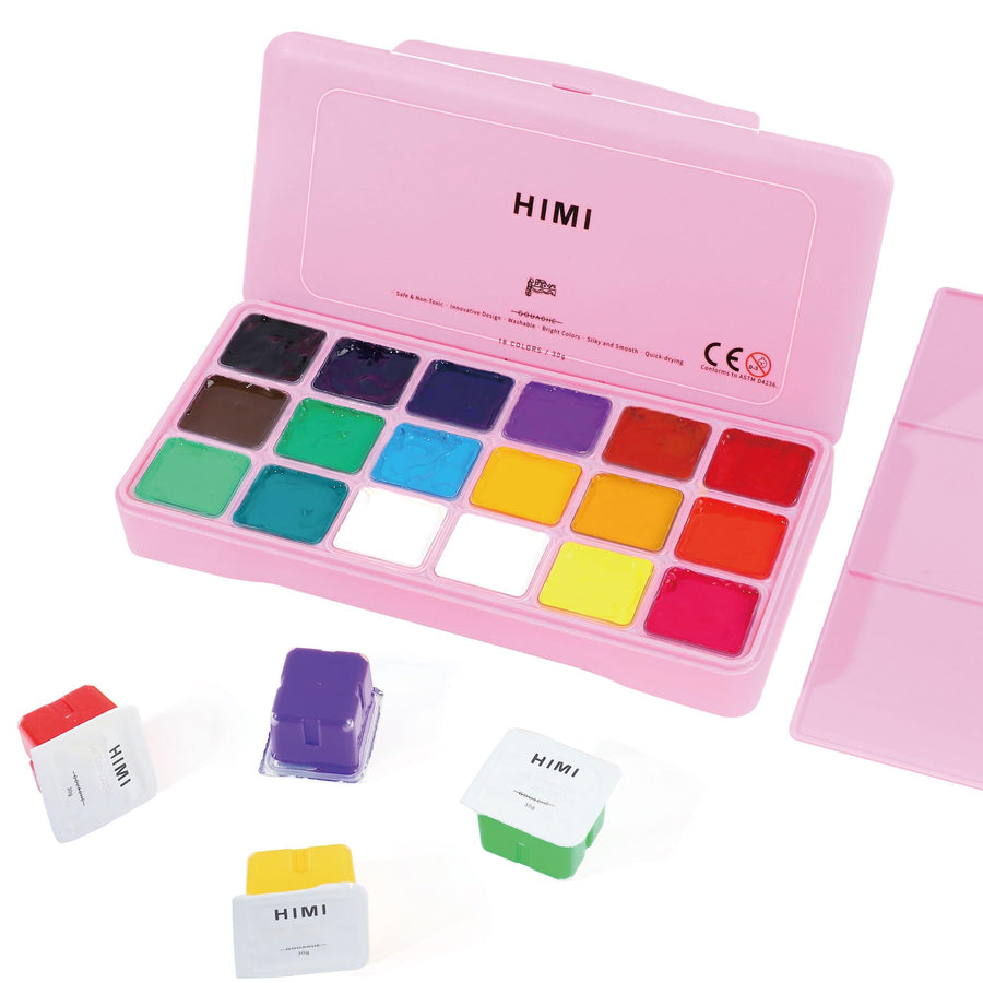 HIMI Gouache Paint Set Jelly Cup 18 Vibrant Colors Non Toxic Paints with Portable Case Palette for Artist Canvas Painting Watercolor Papers, Rich Pigment, 30ml/Cup