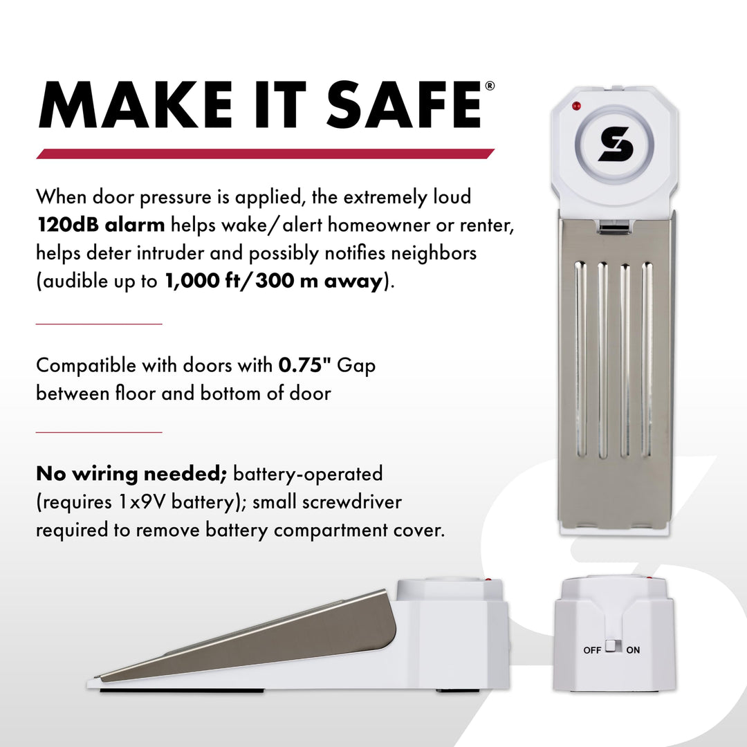 120 dB Wedge Door Stop Security Alarm, Extremely Loud Wireless Alarm Siren Audible Up To 1,500 Ft., Non-Skid Pad, Compact Alarm Great for Home, Travel, Apartment or Dorm