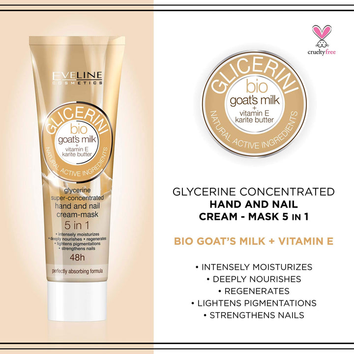 Eveline Glycerine 5 In 1 Bio Goat's Milk + Vitamin E & Karite Butter Super-Concentrated Hand/Nail Cream Mask
