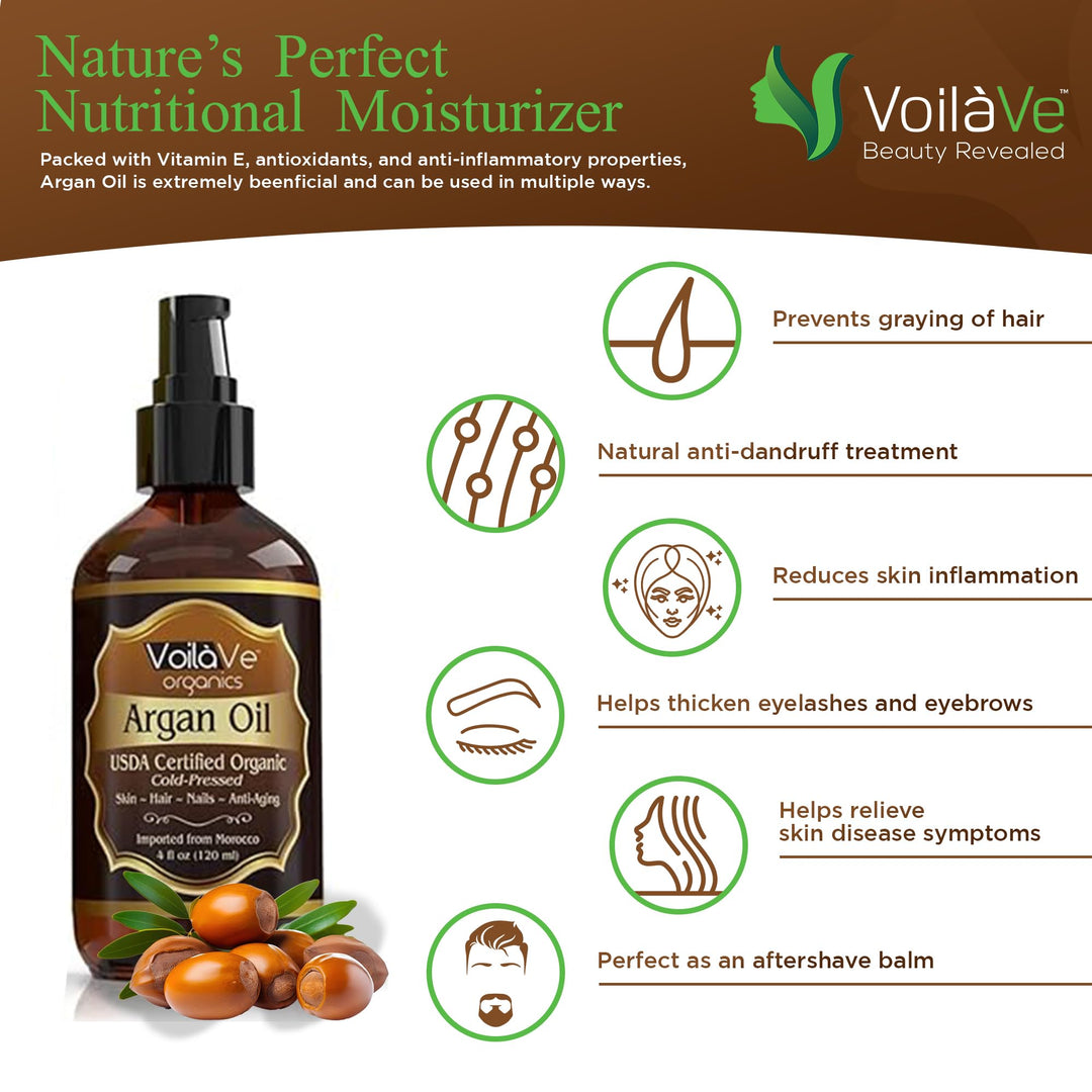 USDA and ECOCERT 100% Pure Organic Moroccan Argan Oil for Skin, Nails &amp; Hair Growth, Anti-Aging Face Moisturizer, Cold Pressed, Hair Moisturizer, Rich in Vitamin E, As Seen On TV - 4 fl oz