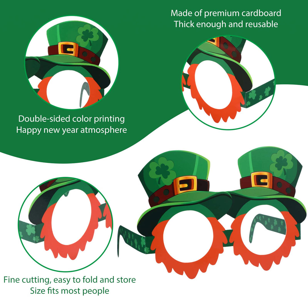 24 Pieces St. Patrick's Day Eyeglasses, Green Lucky Irish Shamrock Leprechaun Paper Glasses Frame Favors Photo Booth Props Decoration for St. Patrick's Day Party Lucky Day Home Party Favors Supplies