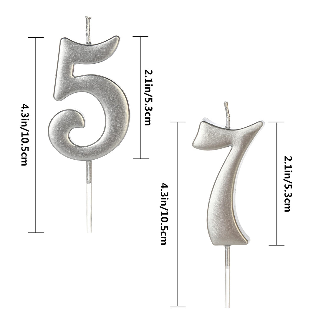 75th &amp; 57th Number Birthday Candles for Cake Topper, Number 75 57 Glitter Premium Candle Party Anniversary Celebration Decoration for Kids Women or Men, Silver