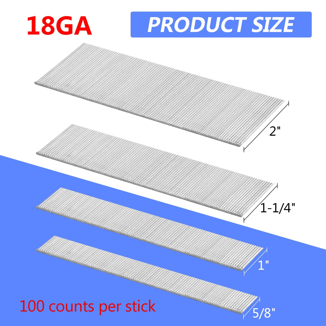 18 Gauge Brad Nails 4 Sizes (2,1-1/4,1,5/8) 1600-count Galvanized 18 GA Nail Gun Nails Assorted and Small Finishing Nails for Pneumatic, Electric Brad Nailer