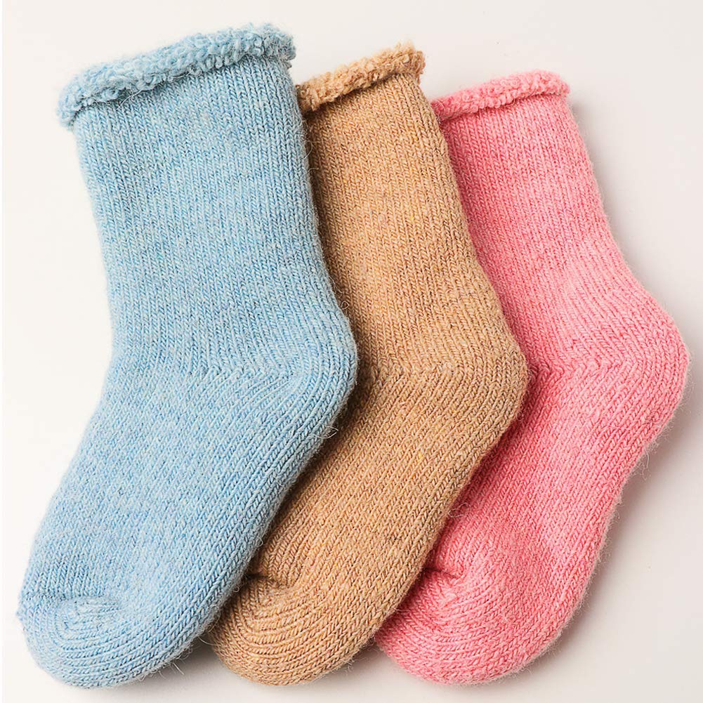 Baby Toddler Thick Wool Socks - Super Warm Soft Winter Solid Color Casual Crew Socks For Baby Girls Boys(Pack of 3)