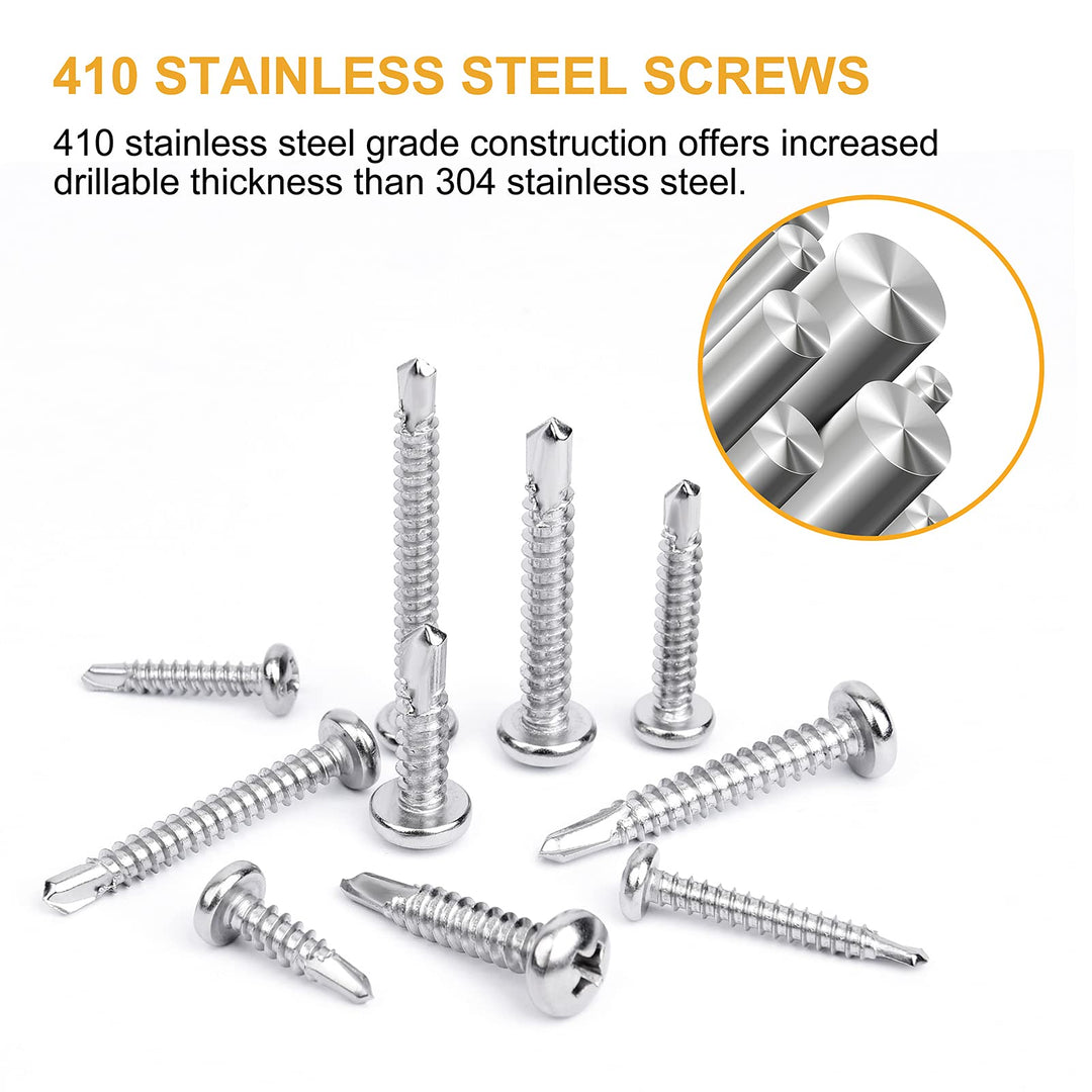 415Pcs #6#8#10 Self Tapping Screws, 410 Stainless Steel Phillips Pan Head Self Drilling Screws Assortment, Assorted Sheet Metal Screws