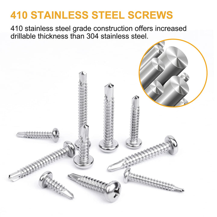 415Pcs #6#8#10 Self Tapping Screws, 410 Stainless Steel Phillips Pan Head Self Drilling Screws Assortment, Assorted Sheet Metal Screws