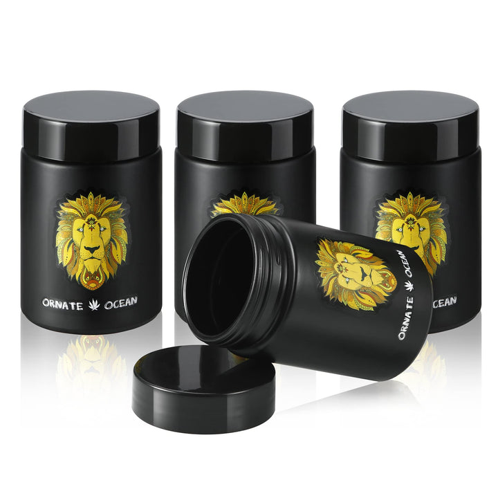 4-Pack 250ml UV Glass Stash Jars Lion King - 4 Piece Set Multipurpose Storage Containers - Convenient Airtight Smell Free Screw Top Lid Jars Preserves and Secures Your Herbs