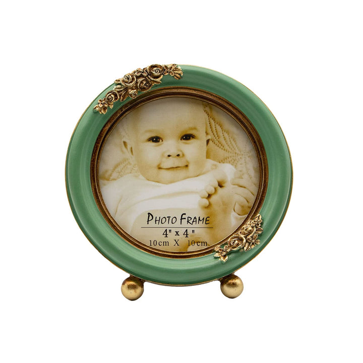 4x4 Picture Frames Small Vintage Picture Frames Green Round Picture Frame Circular Mini Picture Frame, Tabletop and Wall Mount (Green and Gold)