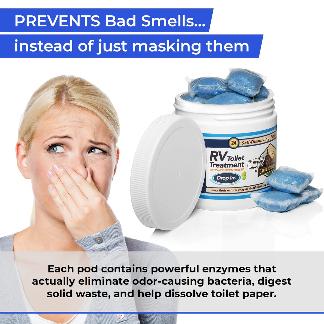 RV Toilet Treatment Drop Ins - 24 Easy Flush Self-Dissolving RV Black Tank Treatment Packets - Eliminate Odors and Break Down Waste Within Your RV Holding Tank