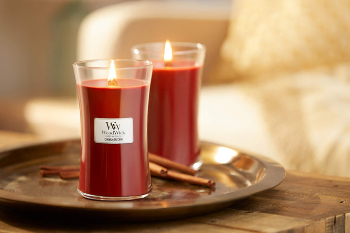 Large Hourglass Candle, Cinnamon Chai - Premium Soy Blend Wax, Pluswick Innovation Wood Wick, Made in USA