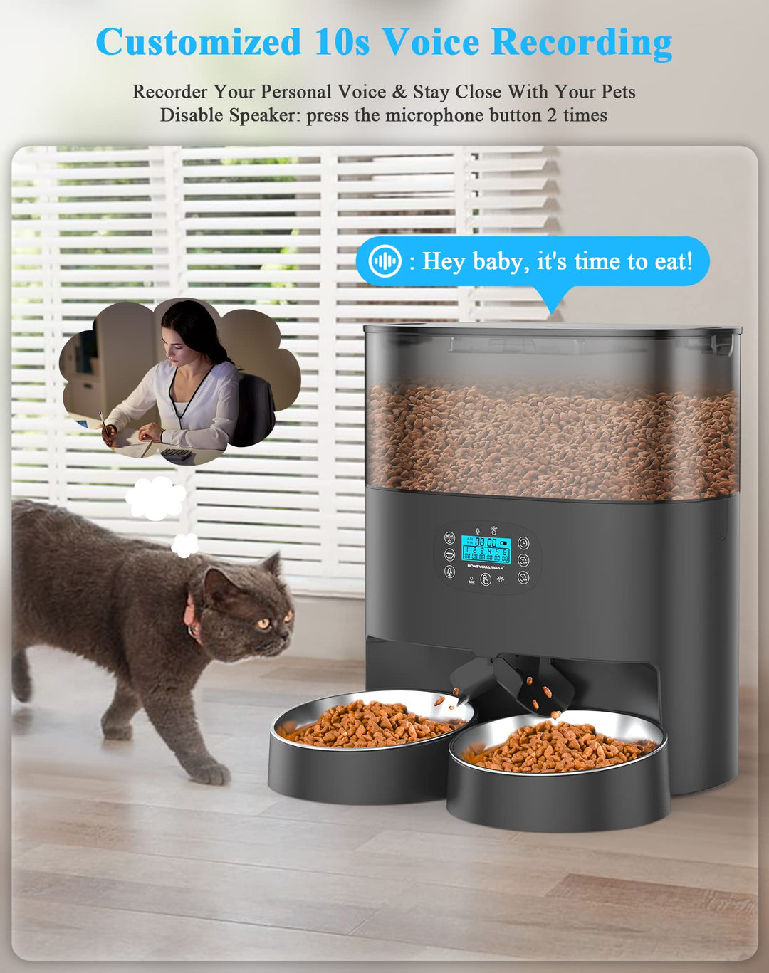 Automatic Cat Feeder, 6L Pet Feeder for 2 Cats &amp; Dogs, Auto Cat Dry Food Dispenser with Desiccant Bag, Timer Feeder Portion Control 1-6 Meals per Day, Dual Power Supply, Voice Recorder